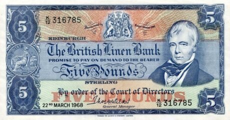 Аверс банкноты 5 funtów „British Linen Bank” (Wielka Brytania) 1968