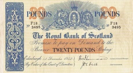 Аверс банкноты 20 funtów Royal Bank of Scotland (Wielka Brytania) 1877