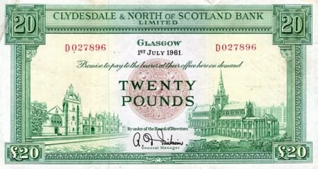 Аверс банкноты 20 funtów „Bank of the North of Scotland” (Wielka Brytania) 1951