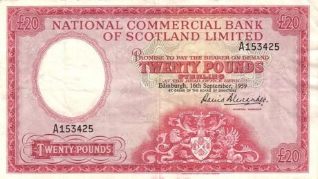 Аверс банкноты 20 funtów Royal Bank of Scotland (Wielka Brytania) 1959