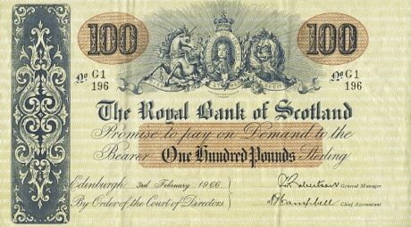 Аверс банкноты 100 funtów Royal Bank of Scotland (Wielka Brytania) 1877