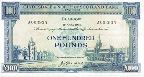 Awers banknotu 100 funtów „Bank of the North of Scotland” (Wielka Brytania) 1951