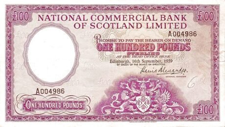 Аверс банкноты 100 funtów Royal Bank of Scotland (Wielka Brytania) 1959