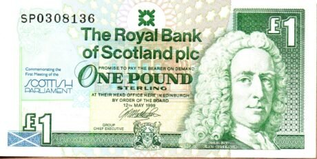 Аверс банкноты 1 funt „Parlament Szkocki” (Wielka Brytania) 1999