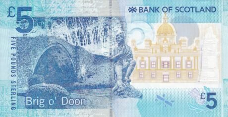 Реверс банкноты 5 фунтов «Королевский банк Шотландии» (Великобритания) 2016 года