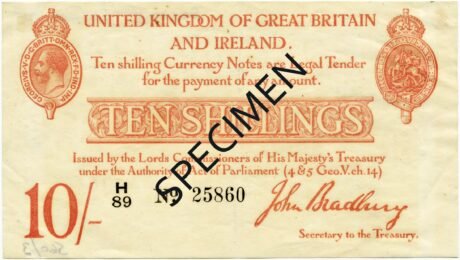 Аверс банкноты 10 шиллингов (Великобритания) 1915 года