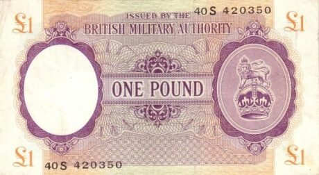 Аверс банкноты 1 funt – „Brytyjskie Ministerstwo Wojny” (Wielka Brytania) 1942