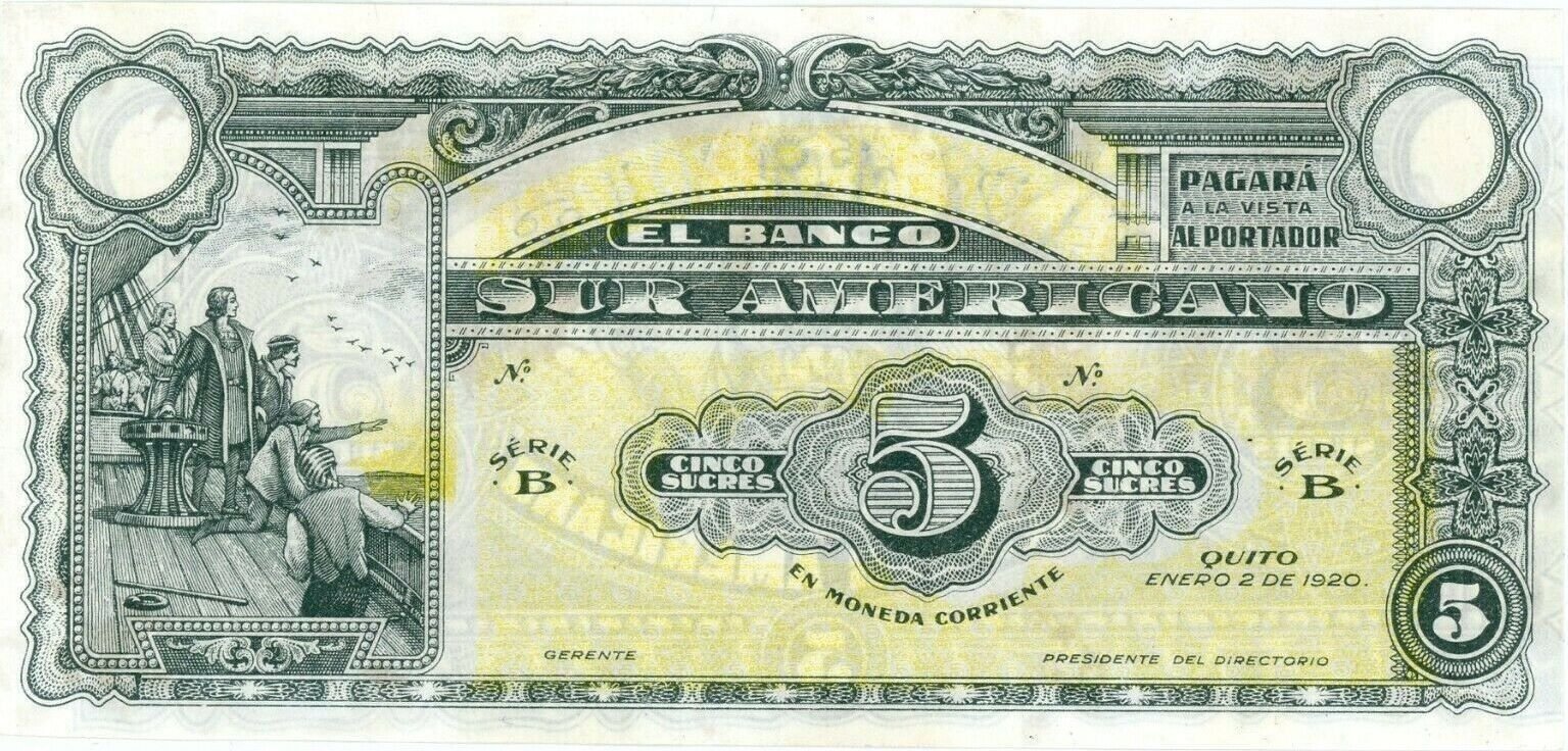 Аверс банкноты 5 сукре (Эквадор) 1920 года