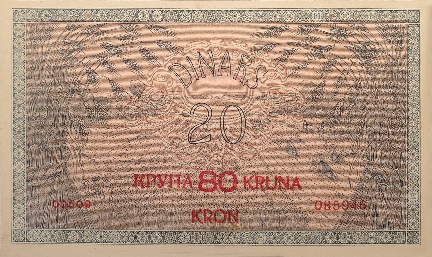 Реверс банкноты 80 крон overprint on 20 динар (Югославия) 1919 года