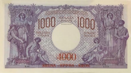 Аверс банкноты 4000 крон «Надпечатка на 1000 динар» (Югославия) 1919 года