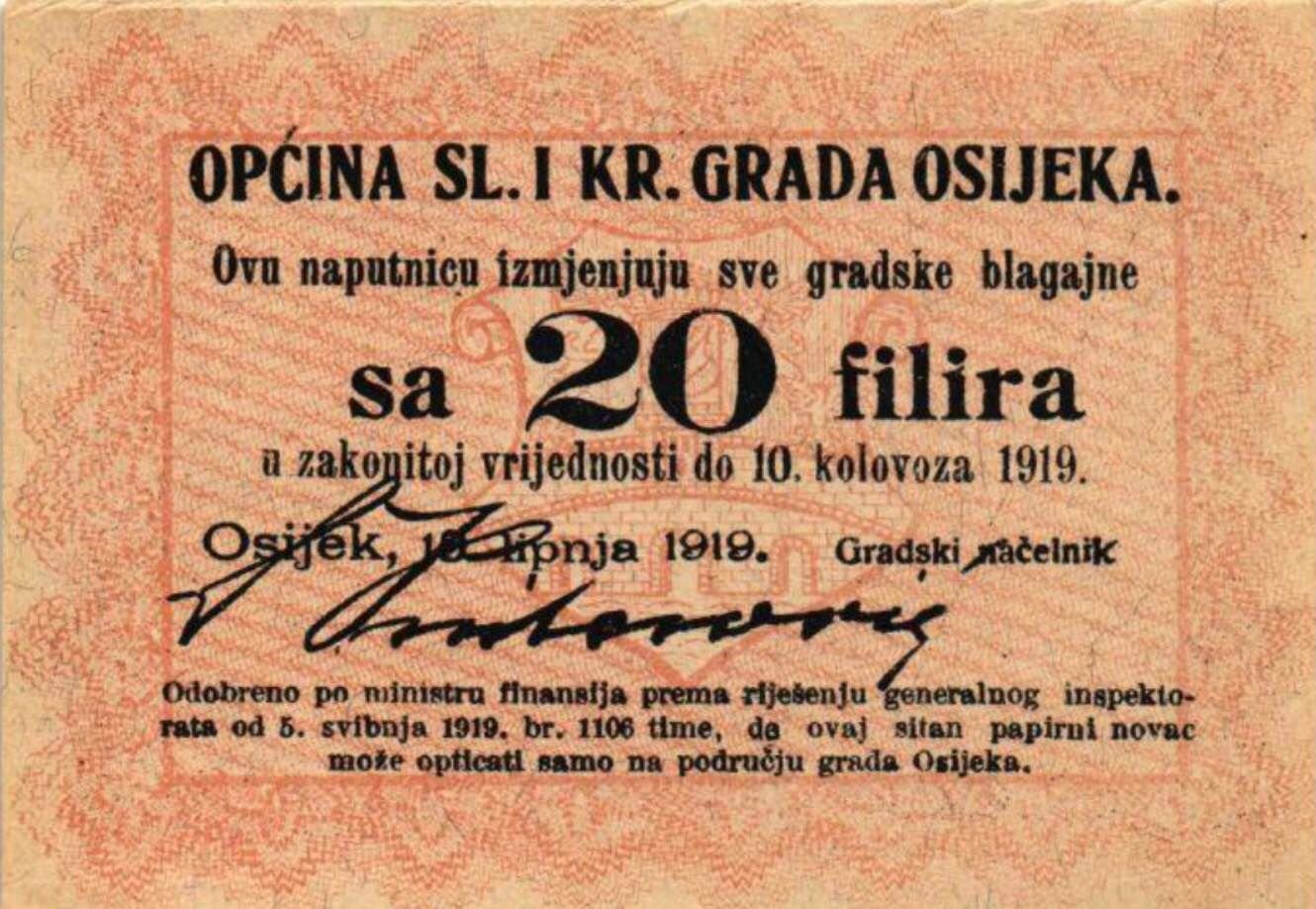 Аверс банкноты 20 Filira first issue (Югославия) 1919 года