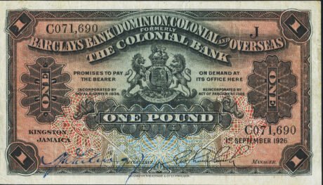 Аверс банкноты 1 фунт (Ямайка) 1926 года