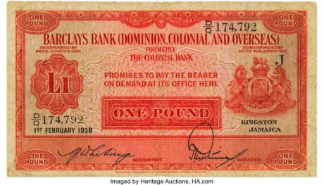 Аверс банкноты 1 фунт Barclays Bank (Ямайка) 1937 года
