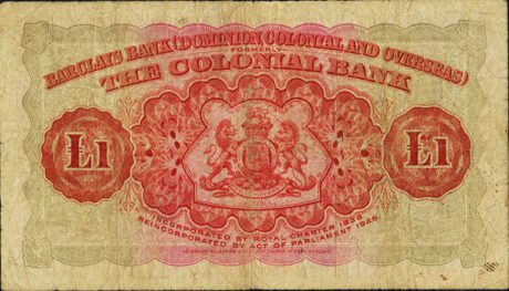 Реверс банкноты 1 фунт Barclays Bank (Ямайка) 1937 года