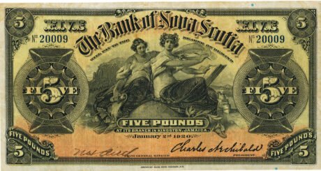 Аверс банкноты 5 фунтов (Ямайка) 1900 года