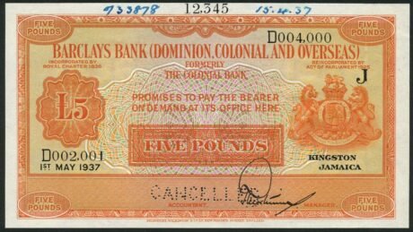 Аверс банкноты 5 фунтов (Ямайка) 1937 года