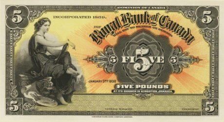Аверс банкноты 5 фунтов (Ямайка) 1938 года