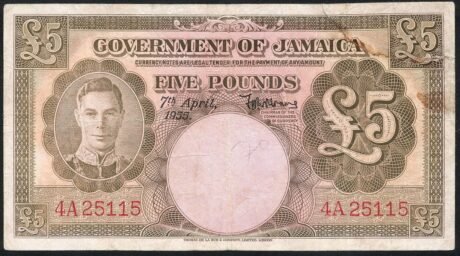 Аверс банкноты 5 фунтов (Ямайка) 1952 года
