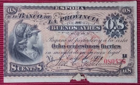 Аверс банкноты 8 центимос (Аргентина) 1869 года