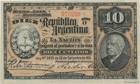 Аверс банкноты 10 сентаво (Аргентина) 1892 года