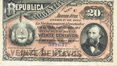 Аверс банкноты 20 сентаво (Аргентина) 1884 года