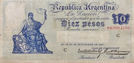 Аверс банкноты 10 песо (Аргентина) 1908 года