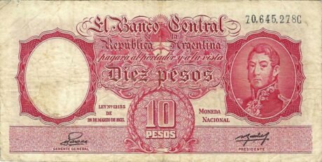 Аверс банкноты 10 песо (Аргентина) 1942 года