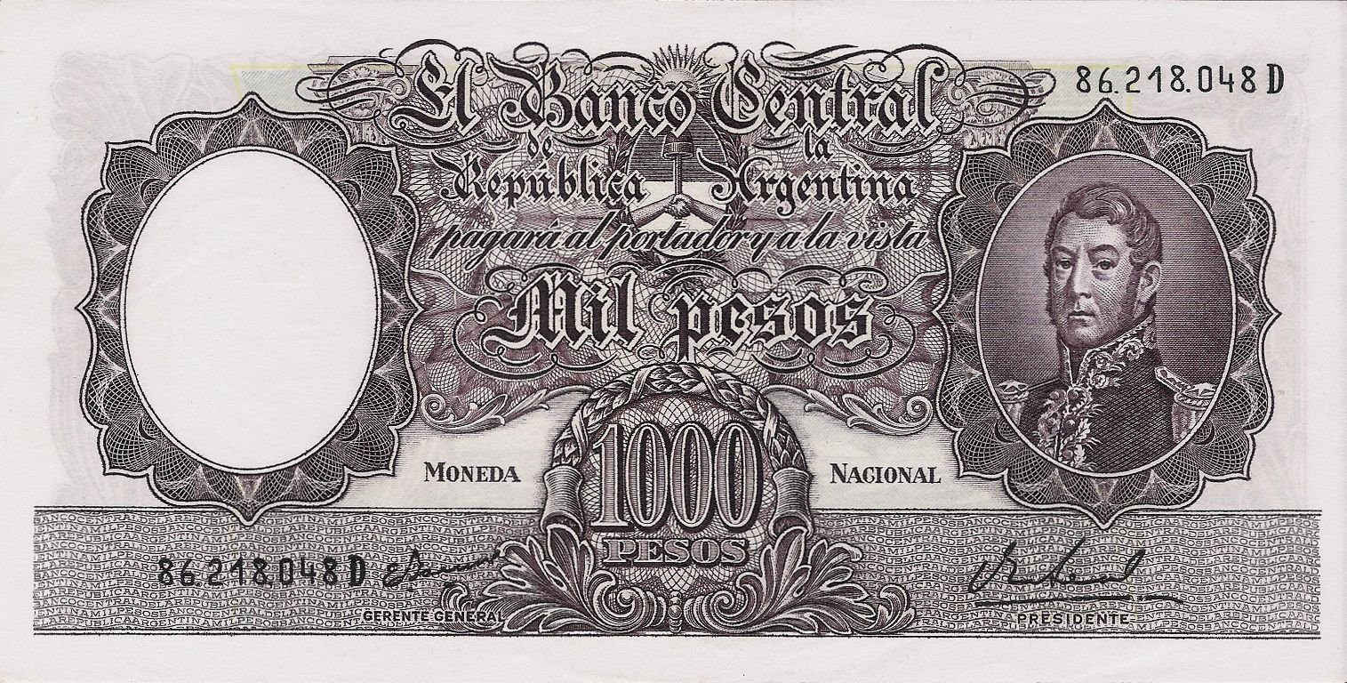 Аверс банкноты 1000 песо (Аргентина) 1966 года