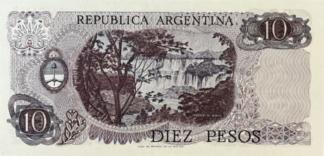 Реверс банкноты 10 pesos bez „LEY” na awersie (Argentyna) 1976