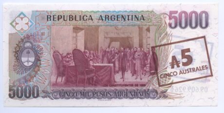 Реверс банкноты 5 аустралей надпечатка на 5 000 песо (Аргентина) 1985 года