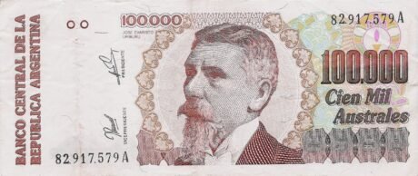 Аверс банкноты 100 000 аустралей (Аргентина) 1990 года