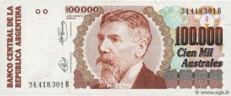 Аверс банкноты 100 000 аустралей (Аргентина) 1991 года