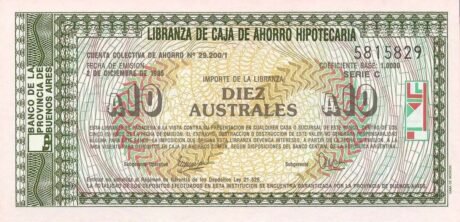 Аверс банкноты 10 аустралей (Аргентина) 1985 года