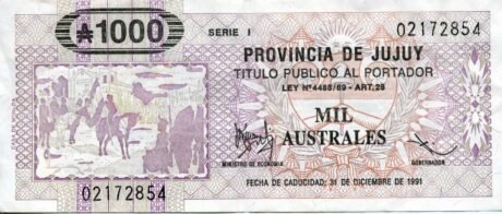 Аверс банкноты 1000 аустралей (Аргентина) 1989 года