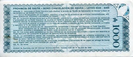 Реверс банкноты 1000 Australijczyków (Argentyna) 1989