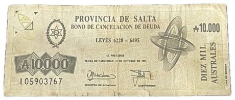 Аверс банкноты 10 000 Australijczyków (Argentyna) 1990