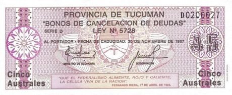 Аверс банкноты 5 аустралей (Аргентина) 1985 года