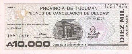 Аверс банкноты 10 000 аустралей (Аргентина) 1990 года