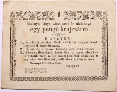 Аверс банкноты 1 крейцер Rozsnyó (Венгрия) 1849 года