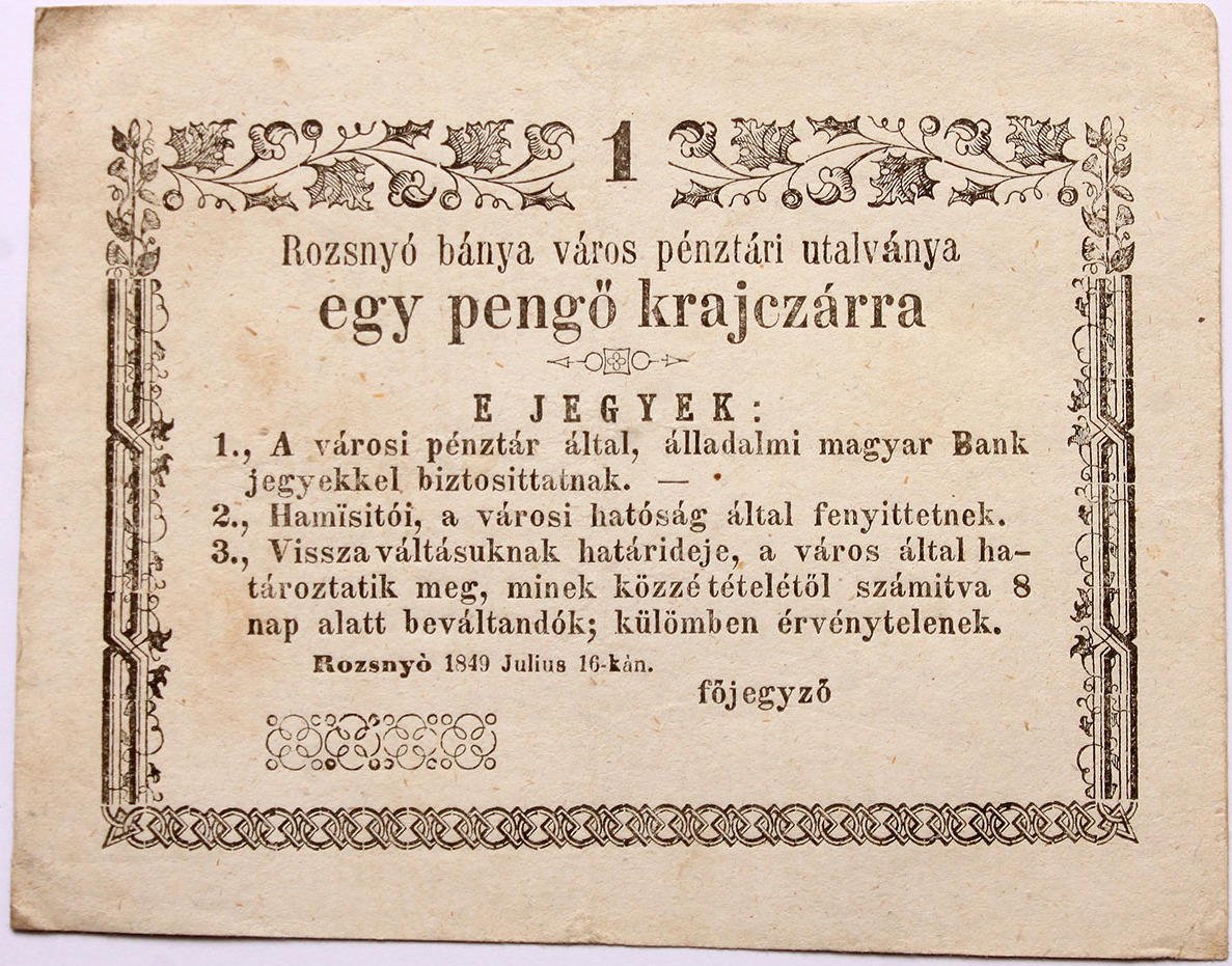 Аверс банкноты 1 крейцер Rozsnyó (Венгрия) 1849 года