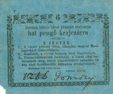 Аверс банкноты 6 пенгё крейцеров Dobsina (Венгрия) 1849 года