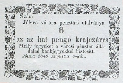 Аверс банкноты 6 крейцеров Jólsva (Венгрия) 1849 года