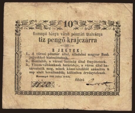 Аверс банкноты 10 крейцеров Rozsnyó (Венгрия) 1849 года