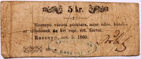 Аверс банкноты 5 крейцеров Rozsnyó (Венгрия) 1860 года