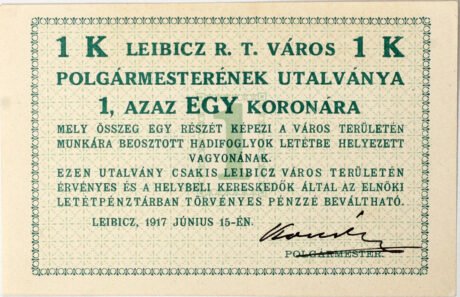 Аверс банкноты 1 крон Leibicz (Венгрия) 1917 года
