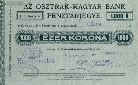 Аверс банкноты Bilet pieniężny o wartości 1000 koron, Kolozsvár (Węgry), 1918 r