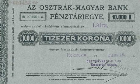 Аверс банкноты Bilet gotówkowy o wartości 10000 koron, Kolozsvár (Węgry), 1918 r.