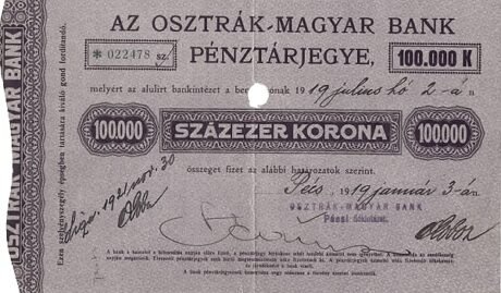 Аверс банкноты 100000 koron – bilet gotówkowy, Pecz (Węgry) 1919