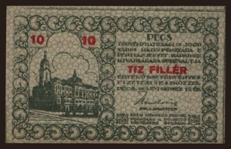 Аверс банкноты 10 wypełniaczy Pécs (Węgry) 1919
