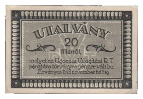 Аверс банкноты 20 wypełniaczy Ugocsai Világítási Rt.; Nagyszőllős (Węgry) 1919